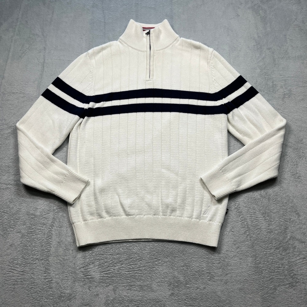 Nautica Quarter Zip Sweater Mens White Navy Blue Striped Ribbed Cotton M